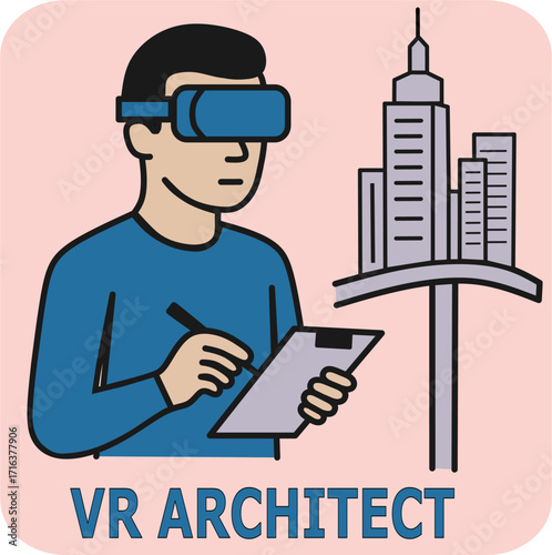 Virtual Reality Architect. Icon of a virtual reality architect designing digital buildings and worlds. Symbolizes the metaverse and future design professions.