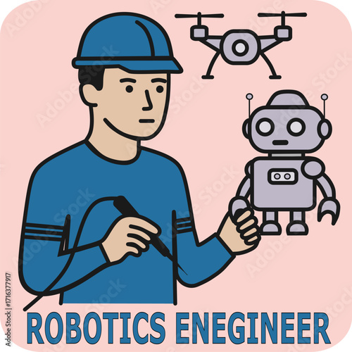 Roboticist. Robot Engineer. Icon of an engineer repairing humanoid robots. Symbolizing the future of engineering and the development of artificial intelligence.