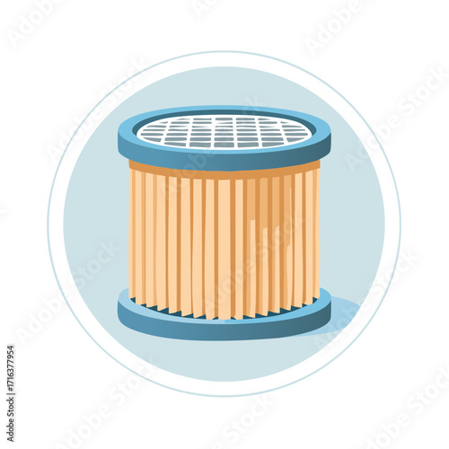 Illustration of a cylindrical air filter with pleated paper and a grid top in a circular frame