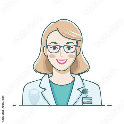 Smiling Female Doctor with Glasses in a White Lab Coat Illustration