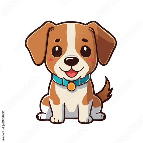 Cute Cartoon Puppy Dog with Blue Collar Sitting and Smiling Playful Expression