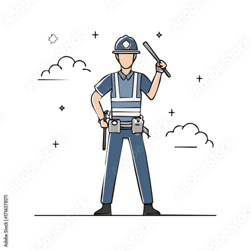 Illustration of a Blue Uniformed Policeman Holding a Nightstick with Cartoonish Elements