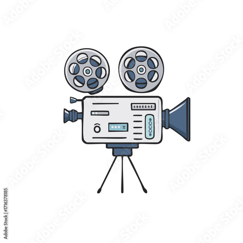 Retro Movie Camera Illustration: Old-Fashioned Film Camera on Tripod with Film Reels, Video Production Equipment