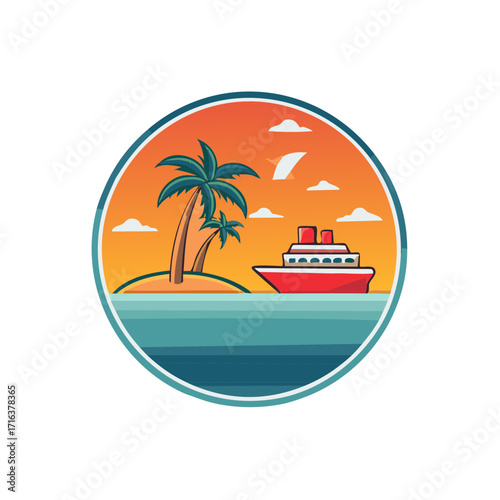 Cruise ship sailing near tropical island at sunset, vector design for travel or vacation concept.