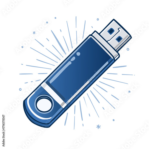 Blue USB Flash Drive Digital Data Storage Device Illustration with Radiating Lines