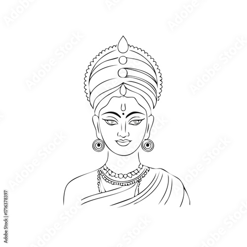 Line Art Portrait of Hindu Goddess Annapurna with Crown and Jewelry Illustration