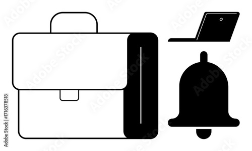 Black-and-white briefcase, bell, and laptop visuals highlighting work, productivity, reminders, technology, communication, organization and efficiency. Ideal for scheduling alerts teamwork
