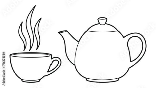Tea Time Simple Line Art of Teapot and Cup