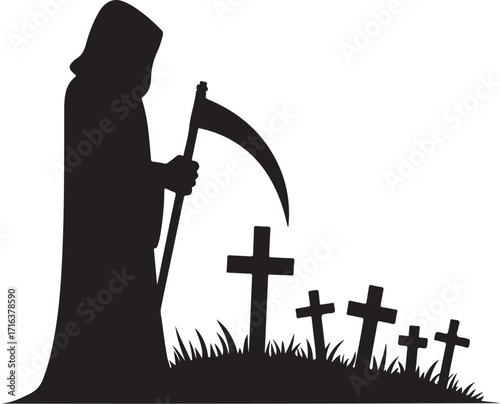 Grim Reaper silhouette holding scythe in graveyard with crosses