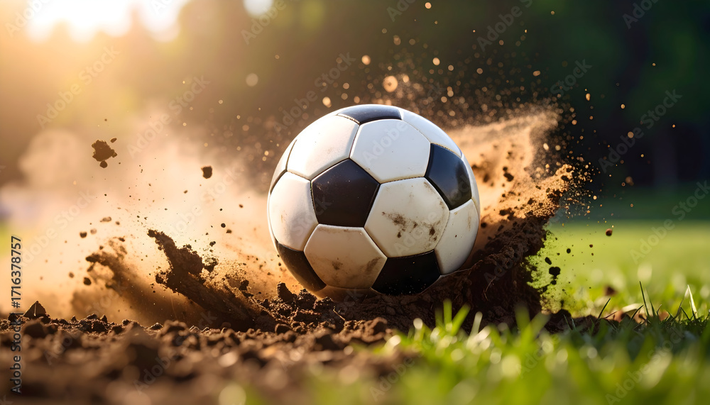 Fototapeta premium A football slams into the ground with explosive impact, soil bursting into the air, frozen in time to highlight motion, energy, and competitive spirit.
