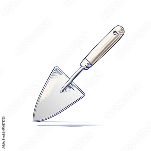 Hand drawn garden trowel illustration. Gardening, landscaping, tools and equipment concept.