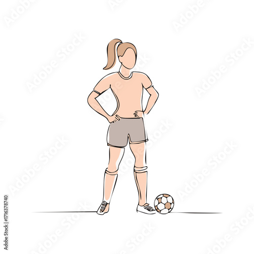 Soccer player posing with ball, linear drawing in flat style.