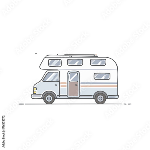 Illustration of an RV camper, road trip travel, vintage vehicle