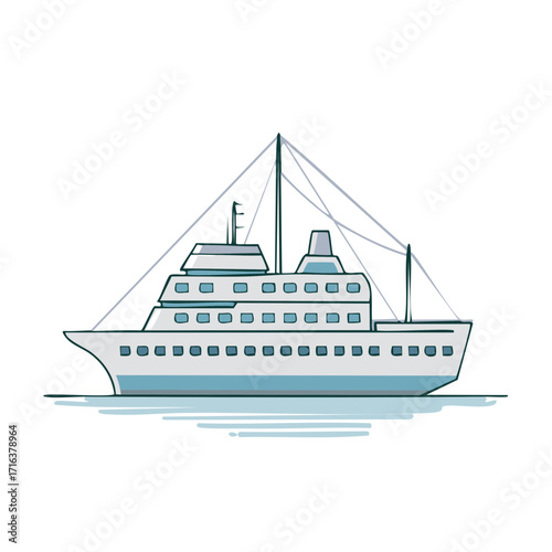Modern passenger cruise ship sailing on water stylized vector illustration for ocean travel and vacation