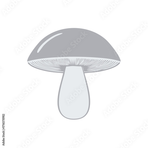 Simple grayscale mushroom vector illustration with a shiny cap and detailed gills