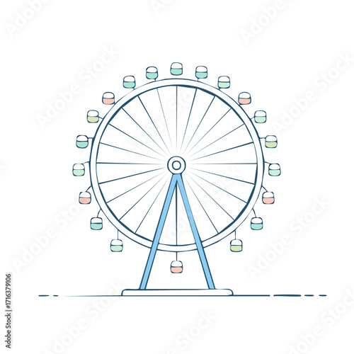 Line art illustration capturing the essence of a whimsical Ferris wheel with pastel-colored gondolas against a clean white backdrop