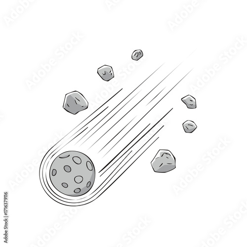 Hand drawn cartoon illustration of a speeding meteor with flying rocks and debris