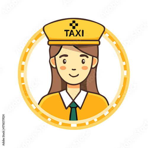 Friendly female taxi driver wearing a cap with taxi logo and uniform smiling
