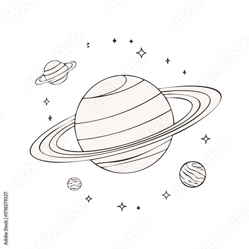 Outer space scene with a ringed planet and stars minimalist line art illustration