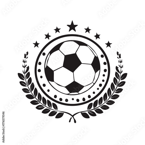 Monochrome soccer ball emblem with laurel wreath and stars symbolizing championship victory