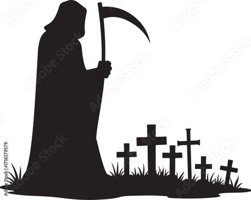 Grim Reaper silhouette holding scythe in graveyard
