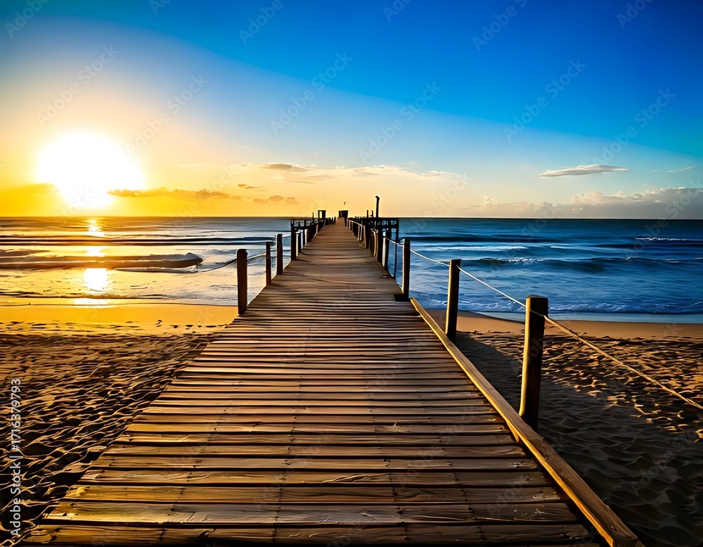 Obraz premium Sunrise over a tranquil beach pier