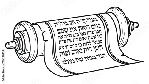 Vintage line art illustration of an unrolled ancient holy scroll with Hebrew text, symbolizing Jewish tradition, wisdom, and scripture