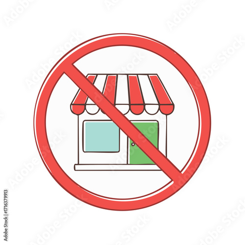 Red prohibition sign over a cartoon retail store, symbolizing no shopping or business closure