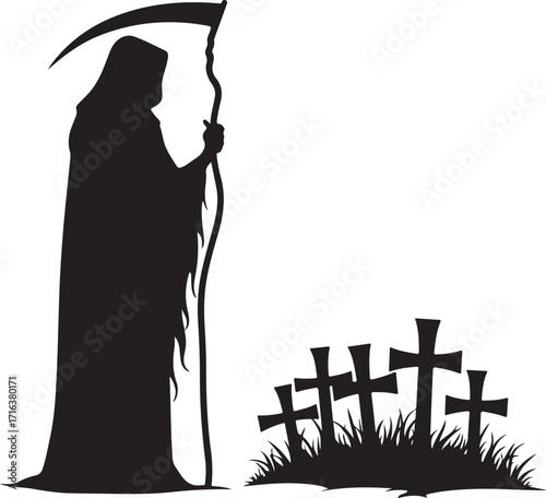 Grim Reaper silhouette holding scythe near graveyard crosses