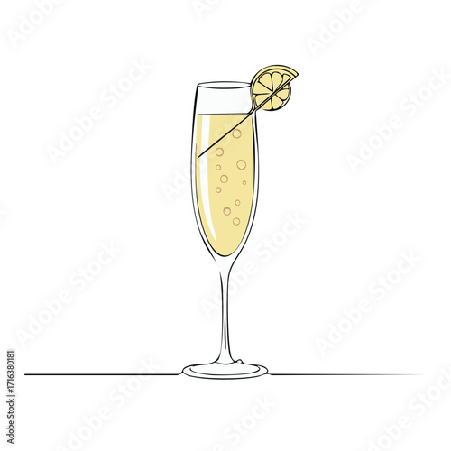 Elegant Champagne Flute with Lemon Slice Minimalist Line Art Style Illustration