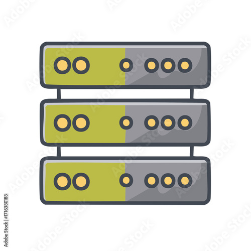 Network server rack icon illustration, three levels of computer servers with power indicator lights, data systems for hosting