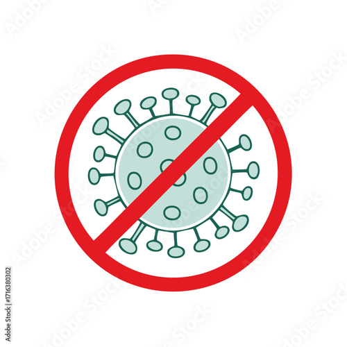 Prohibition sign over a stylized representation of a virus particle avoiding contamination