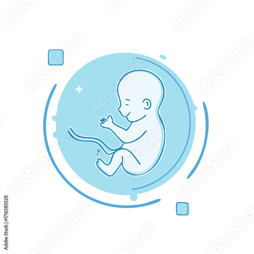 Blue line art illustration of human fetus developing inside a womb representing prenatal growth