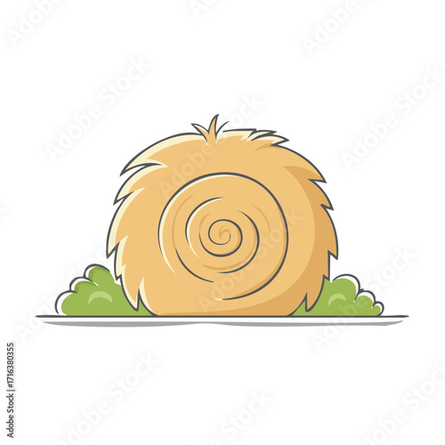 Cartoon Rolled Hay Bale with Green Grass Fluff