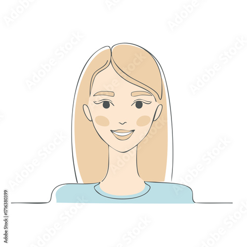 Illustration of a Smiling Blonde Woman in Blue Shirt - Digital Art