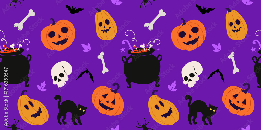 Fototapeta premium Seamless Halloween pattern with pumpkins, black cat, cauldron, skull, bat, spider, and bones on purple background. Spooky and fun festive design, ideal for holiday decoration, textile, wrapping paper.