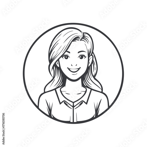 Line art illustration of a smiling woman in a circular frame
