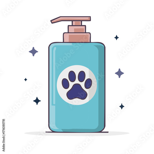 Pet shampoo bottle with paw print, cartoon vector illustration