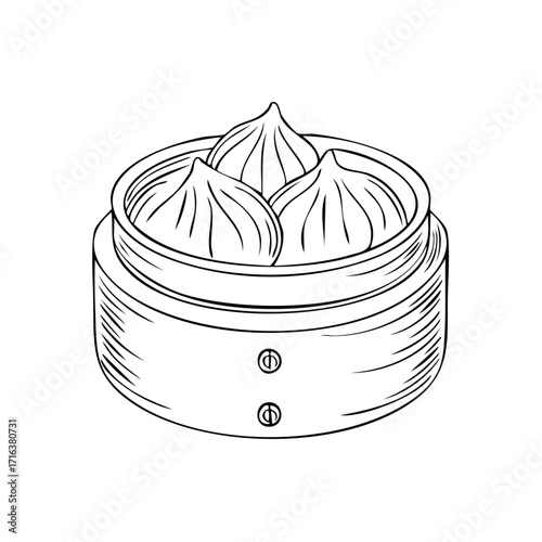 Traditional Chinese dim sum dumplings in a round bamboo steamer basket Asian cuisine illustration