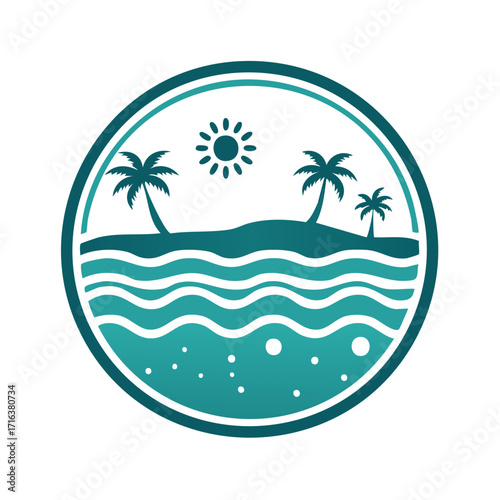 Tropical Island Scene Graphic Emblem Palms Ocean Waves Sun, Round Badge Logo