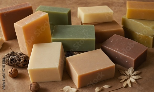 Artisan handcrafted natural soaps in warm earth tones and fresh green shades offer luxurious skincare.
