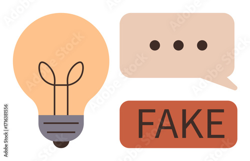 Light bulb symbolizing ideas, speech bubble with ellipsis, and bold FAKE label. Ideal for misinformation, creativity, skepticism, communication, deception media literacy critical thinking. A simple