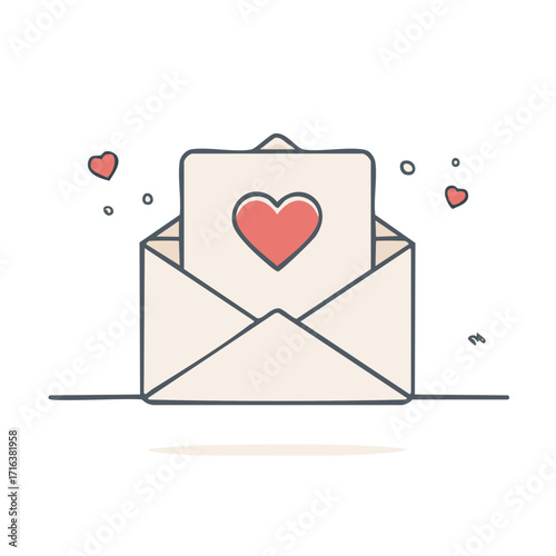 Hand-drawn envelope with heart letter and floating hearts, conveying love and affection