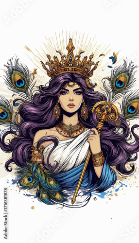 Portrait of Goddess Hera with crown and scepter. Greek mythology art, symbol of power.