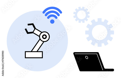 Robotic arm with wireless signal next to a laptop and mechanical gears showing automation, technology, and connectivity. Ideal for engineering, robotics, IoT, AI, digital transformation, industrial