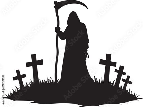 Grim Reaper Silhouette with Scythe and Gravestones