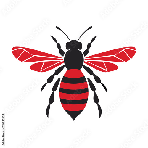 Stylized red and black bee illustration featuring insect with striped abdomen and segmented wings on a clean white backdrop
