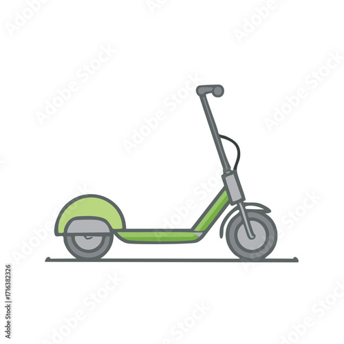 Illustration of a green kick scooter with handle bars, front and rear wheels for transportation, vector isolated on white