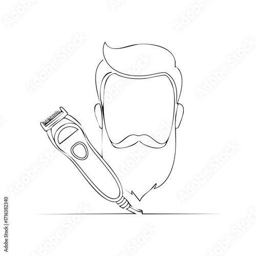 Bearded man receiving a haircut with an electric trimmer in a minimalist line art style