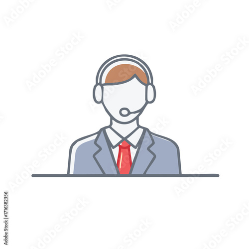 Call center representative wearing headset and suit with red tie offers customer service support in a business setting